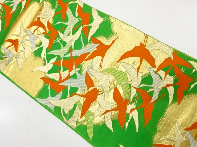 アンティーク　霞に群鶴模様織り出し袋帯（材料）